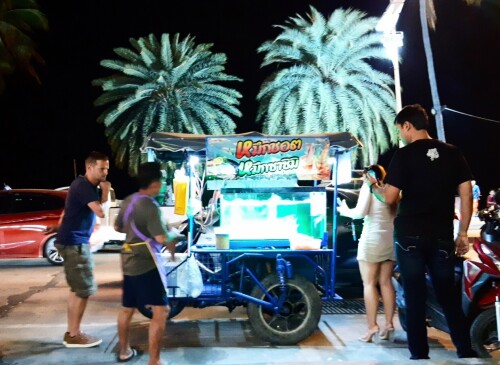 A tuk tuk with an aquarium for keeping live squid. 
The unfortunate snacks are fished out and prepared for customers on the spot.